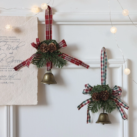 Christmas Bell Hanging Ornaments With Pine Cones Berries Simulation Pine Needles Velvet Ribbon For Festive Home Decor