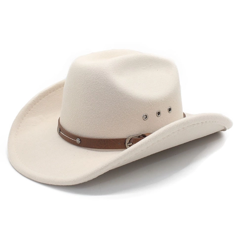 Western Cowboy Hat Wide Brim Cotton Polyester Felt Fedora With Leather Belt Rivets Metal Eyelets Retro Outdoor Sun Hat