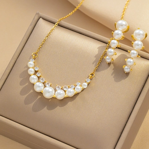 Gioielli In Acciaio Al Titanio Perla Artificial Sintetica Zirconia Collana Con Ciondolo Ad Arco E Orecchini Geometrici Per Donna
