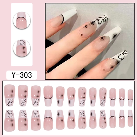 Uñas Postizas Press On Largas Coffin Estilo Francés Patrones Corazón Estrella Acabado Brillante Arte De Manicura