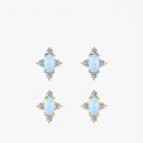 925 Sterling Silver Stud Earrings With Rectangle Blue Opal And Zircon Cross Star Shape Sweet Minimalist For Women