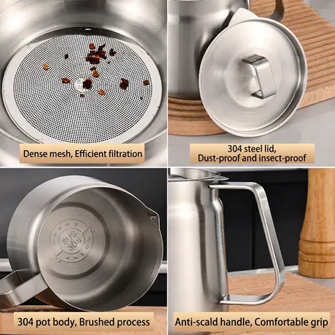304 Stainless Steel Oil Strainer Pot With Fine Mesh Filter Dustproof Grease Storage Container For Kitchen Cooking
