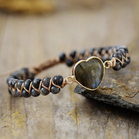 Pulsera De Cuentas Tejidas De Piedra Natural Corazón Bohemio Ajustable Hecho A Mano Joyería De Jaspe Para Mujeres