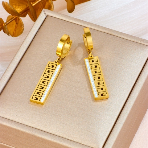 Pendientes Colgantes Rectangulares De Acero Inoxidable Para Mujer Patrón Griego Geométrico Diamantes De Imitación