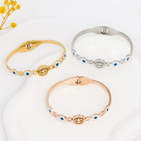 Fashion Stainless Steel Evil Eye Bangle For Women Rhinestone Enamel Blue Eye Hinged Cuff Bracelet Gold Rose Gold Jewelry Gift
