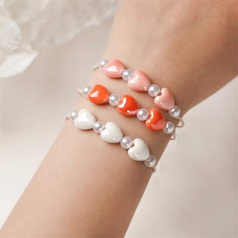 Bracciale Intrecciato A Mano Con Cuore In Ceramica E Perla Artificial Imitazione Gioielli Boho Regolabili Per Donna Quotidiano
