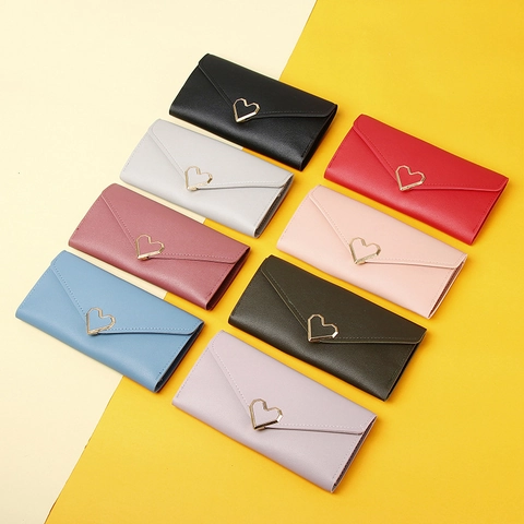 Women Long Wallet PU Leather Heart Metal Buckle Envelope Style Tri Fold Card Holder Purse For Students Elegant