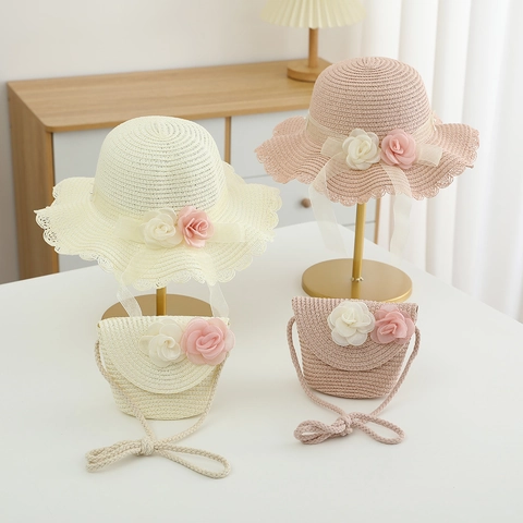 Sweet Kids Girls Paper Straw Hat And Shoulder Bag Floral Decoration Scalloped Edge Sun Protection Summer Beach Woven Hat