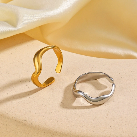 Stainless Steel Irregular Wave Open Ring Gold Plated Minimalist Adjustable Jewelry For Women