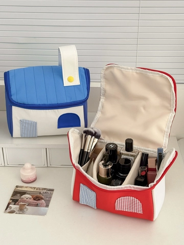 Huisvormige Make-uptas Gewatteerd Nylon Grote Capaciteit Draagbare Reis Toiletartikelen Organizer Schattige Cosmetische Koffer