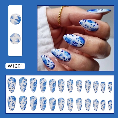 Mandel Drucknägel Blau Aquarell Blume Tinte Muster Glänzend Schick Künstliche Finger Maniküre Abnehmbar