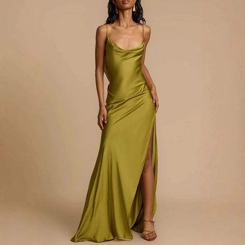 Elegante Abito Maxi In Raso Con Spalline Sottili Schiena Scoperta Dettaglio Volant Spacco Alto Festa Serale Per Donna