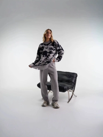 Oversized Πλεκτό Πουλόβερ Και Παντελόνι Color Block Σχισμένο Στρίφωμα Στρογγυλή Λαιμόκοψη Μακρυμάνικο Streetwear Βαμβάκι