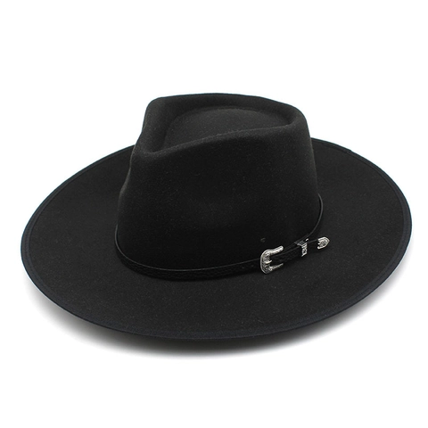 Chapeau Fedora Vintage À Large Bord En Feutre De Laine Jazz Cap Avec Ceinture À Boucle Gravée Style Cowboy