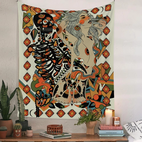 Bohemian Skeleton Tapestry Polyester Fabric Psychedelic Art Wall Hanging For Bedroom Living Room Floral Decoration