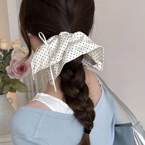 French Style Polka Dot Scarf Scrunchies For Women Fabric Bow Hair Ties Sweet Vintage Streamer Hair Accessories