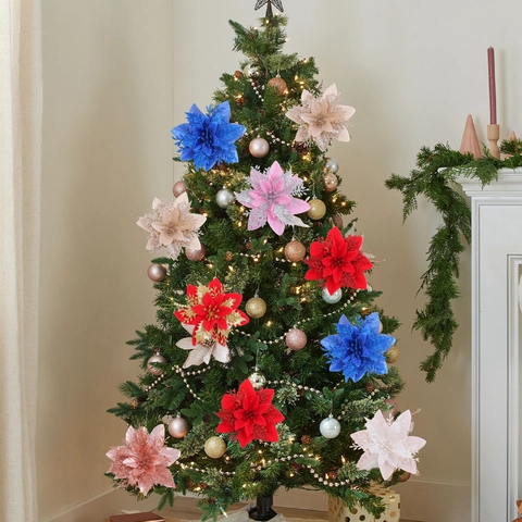 Künstliche Poinsettia Blumen Glitzer Weihnachtsbaum Dekoration Kunststoff Polyester Feiertagsparty Dekor