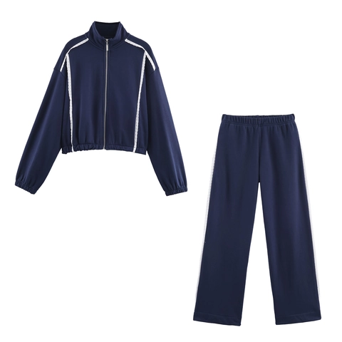 Felpa Da Donna Con Cerniera Collo Alto E Pantaloni Larghi Blu Notte Bordo In Pizzo Completo Sportivo In Maglia