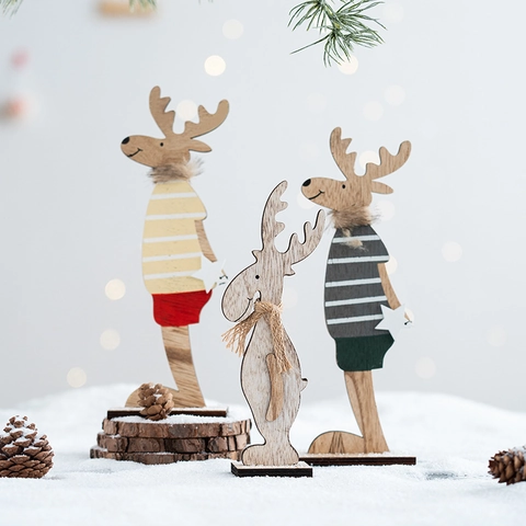 Décorations De Noël En Bois Renne Père Noël Bonhomme De Neige Ornements De Bureau Figurines De Table Peintes À La Main
