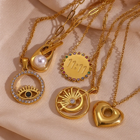 Collana Con Pendente Acciaio Inossidabile Placcato Oro Occhio Del Diavolo Cuore Numero Angelo Sole Luna Zircone Donna
