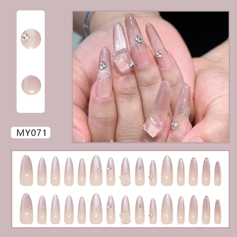 Faux Ongles De Luxe Longue Amande Dégradé Cat Eye Violet Avec Strass Élégants Ongles Artificiels