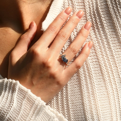 Anello Stella Marina in Argento Sterling 925 Vintage per Donna Tanzanite Sintetica Viola Intarsiata con Strass Anello in Argento Ossidato
