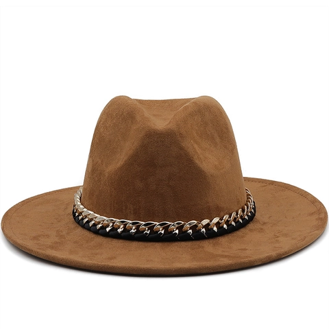 Wide Brim Fedora Hat Suede Felt Western Cowboy Style With Acrylic Chain Decoration Adjustable Sun Protection For Women Men