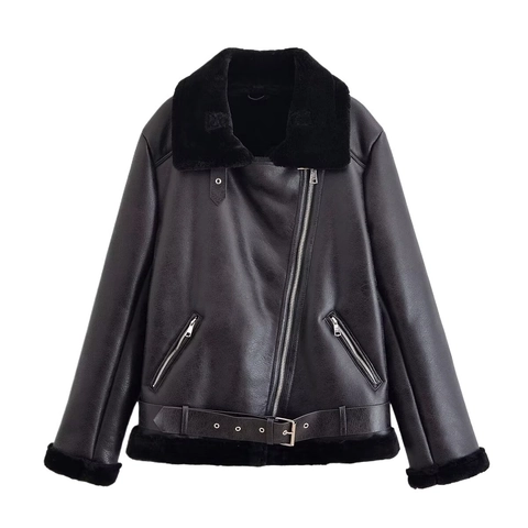 Giacca Biker Donna Pelle PU Foderata Pelliccia Sintetica Aviator Moto Cappotto Oversize Collo Sherpa Cintura Casual Inverno
