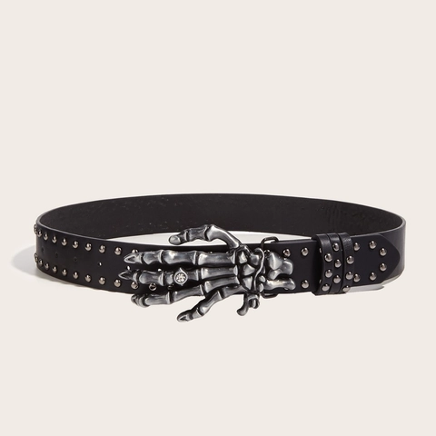Punk Men's PU Leather Belt Metal Rivets Studded Gothic Skull Hand Alloy Buckle Rhinestone Inlaid Fashion Waist Strap