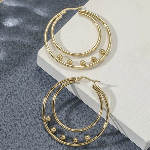 Fashion Women Titanium Steel Double Hoop Earrings Gold Plated Stainless Steel Geometric Beads Dangle Earrings Jewelry