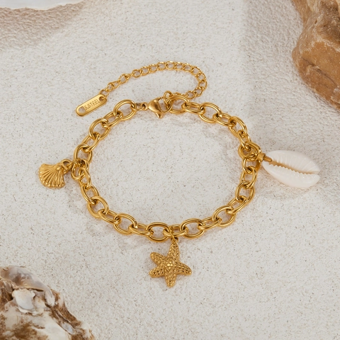 Fashion Gold Plated Stainless Steel Ocean Theme Bracelet For Women Bohemian Starfish Seashell Charm Adjustable Link Chain Jewelry