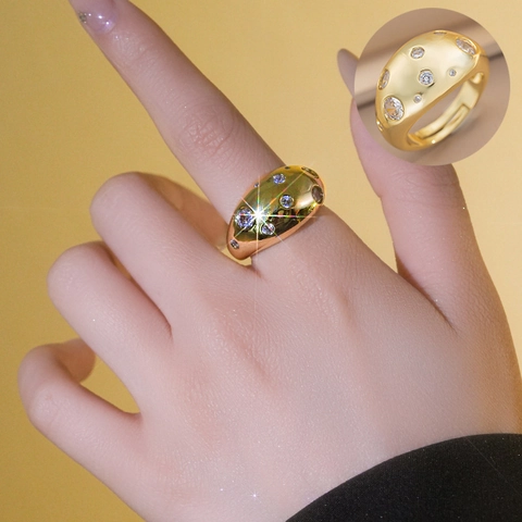 Dome Ring Copper 18K Gold Plated Cubic Zirconia Adjustable Open Finger Ring Vintage Chunky Jewelry For Women