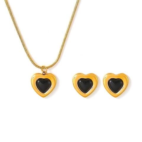 Heart Pendant Necklace And Stud Earrings Jewelry Stainless Steel Gold PVD Plated Black Acrylic Snake Chain Retro Women