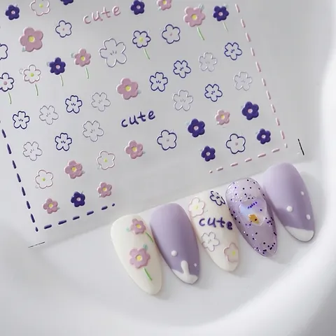 Autocollants Ongles Relief 5D 3D Motif Fleurs Violettes Auto-Adhésif Décoration Manucure DIY Mignonne