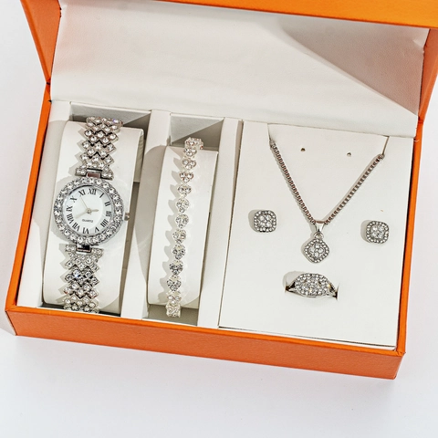 Dames Sieraden Horloge 5-Delige Set Luxe Legering Strass Ingelegde Romeinse Cijfers Quartz Horloge Ketting Armband Ring Oorbellen Cadeaudoos