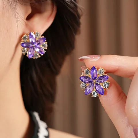 Vintage Blumen Ohrstecker Lila Strass Legierung Kristall Inlaid Mit Silber Ohrring Post Damen Luxus Schmuck