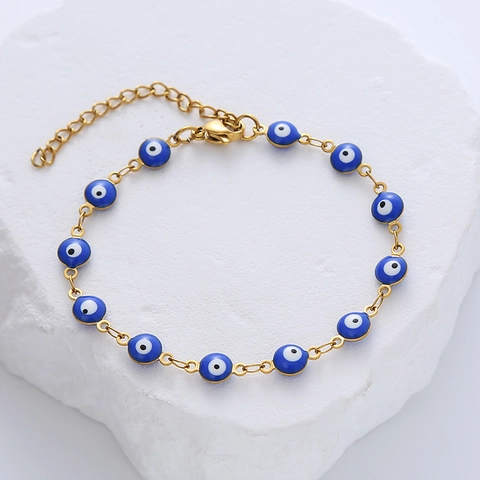 Bracciale Malocchio in Acciaio Inossidabile Placcato Oro per Donna Perline Colorate in Smalto Tondo Catena a Maglie Regolabile