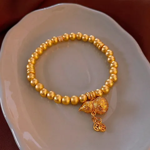 Frosted Copper Beaded Bracelet With Gourd Buddha And Zircon Coin Charms New Chinese Style Vintage Jewelry For Women