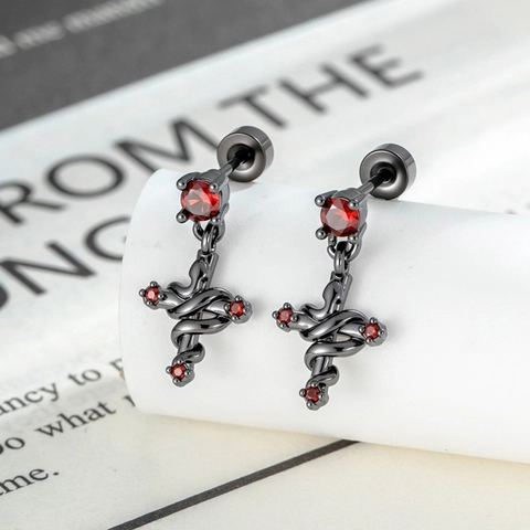 Gothic Snake Wrapped Cross Ear Cartilage Stud Titanium Steel Red Zirconia Screw Back Piercing Jewelry Men Women Cool