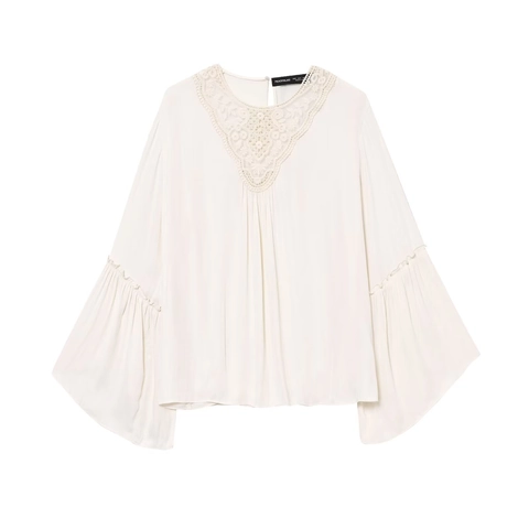 Damen Elegante Off White Spitze Patchwork Langarm Bluse Glockenärmel Plissiert Satin Chiffon Rundhals Hemd