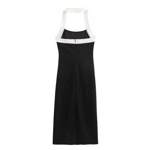 Women Elegant Halter Neck Midi Dress Backless Slim Fit Contrast Color Sleeveless Polyester Knit Party Evening