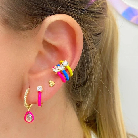 Colorful Enamel Ear Cuff Gold Plated Copper Round Cubic Zirconia Geometric Hoop Earrings For Women