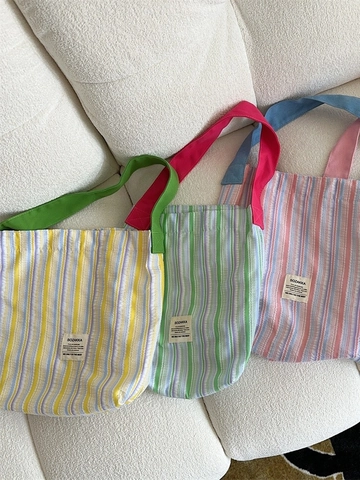 Striped Canvas Tote Bag Large Capacity Shoulder Handbag Aesthetic Contrast Strap Women Casual Daily School Bag