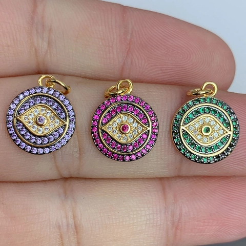 Dijes De Ojo Turco Colgantes Redondos Zirconia Cobre Chapado En Oro 18K Para Fabricación Joyas DIY Nazar Accesorios