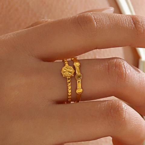 Anillo Abierto Ajustable De Acero Inoxidable Doble Capa Geométrico Redondo Patrón Sol Estrella Joyería Moda Mujer