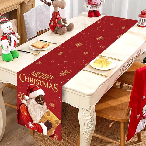 Weihnachts Tischläufer Polyester Rot Schwarzer Weihnachtsmann Goldene Schneeflocke Festliche Feiertag Esszimmer Küche Tischdeko