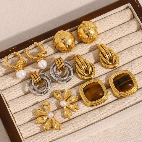 Pendientes De Botón Vintage De Acero Inoxidable Chapado En Oro 18K Perla Artificial Flor Cuadrado Geométrico Ojo De Tigre Para Mujer