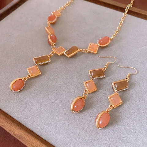 Collier Et Boucles D'oreilles Géométriques Style Français Vintage Alliage Résine Strass Colorés Bijoux Rétro Élégants