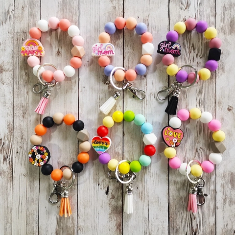 Handmade Silicone Beaded Keychain Wristlet Bracelet For Women Tassel Key Ring Holder With Animal Letter Pendant Fashion Jewelry