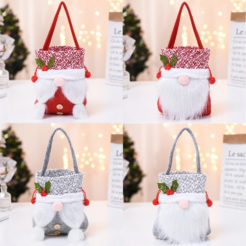 Christmas Gnome Gift Bag Felt Faux Fur Drawstring Handheld Candy Pouch Festive Party Decor Faceless Old Man